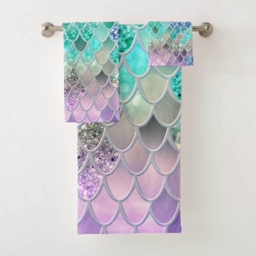 Summer Mermaid Glitter Scales 8 Faux Glitter Bath Towel Set