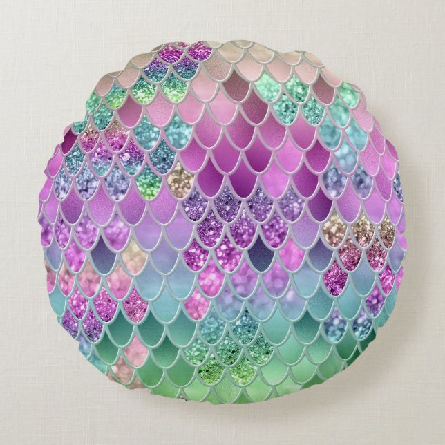 Summer Mermaid Glitter Scales #9 (Faux Glitter) Round Pillow (Front)