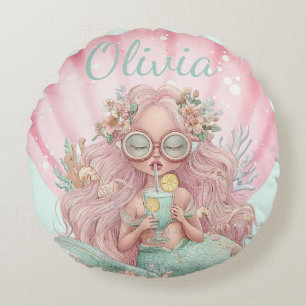 Summer Mermaid Seashell Lovers Name Round Pillow