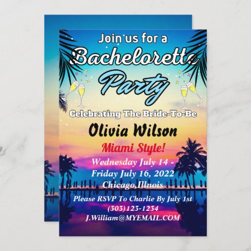 Summer Miami Weekend Beach Bachelorette Party  Invitation