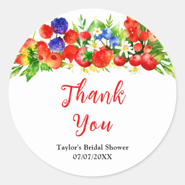 Summer Mixed Berries Bridal Shower Thank You Classic Round Sticker (Front)
