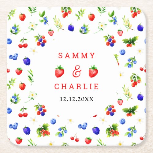 Summer Mixed Berries Wedding Square Paper Coaster