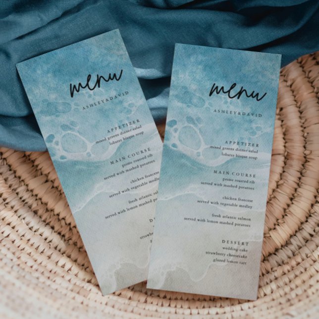 Summer Modern Coastal Beach Wedding Menu Cards (Creator Uploaded)