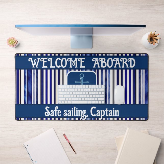Summer Modern Navy Blue Boat Stripes Collection Desk Mat (Office 1)