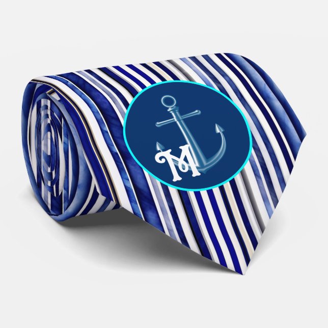 Summer Modern Navy Blue Boat Stripes Collection Neck Tie (Rolled)