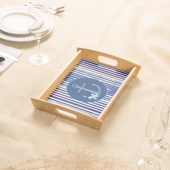 Summer Modern Navy Blue Boat Stripes Collection Serving Tray (Front)