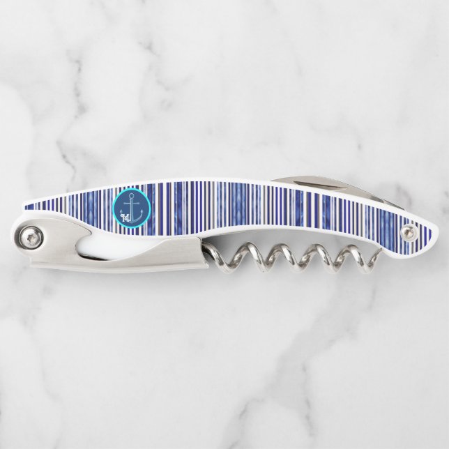 Summer Modern Navy Blue Boat Stripes Collection Waiter's Corkscrew (Front)