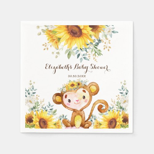 Summer Monkey Watercolor Sunflower Baby Shower Napkins