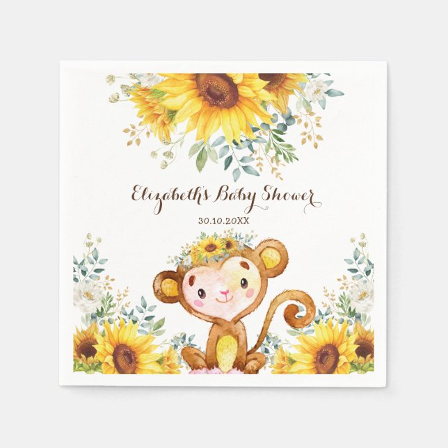 Summer Monkey Watercolor Sunflower Baby Shower Napkins (Front)