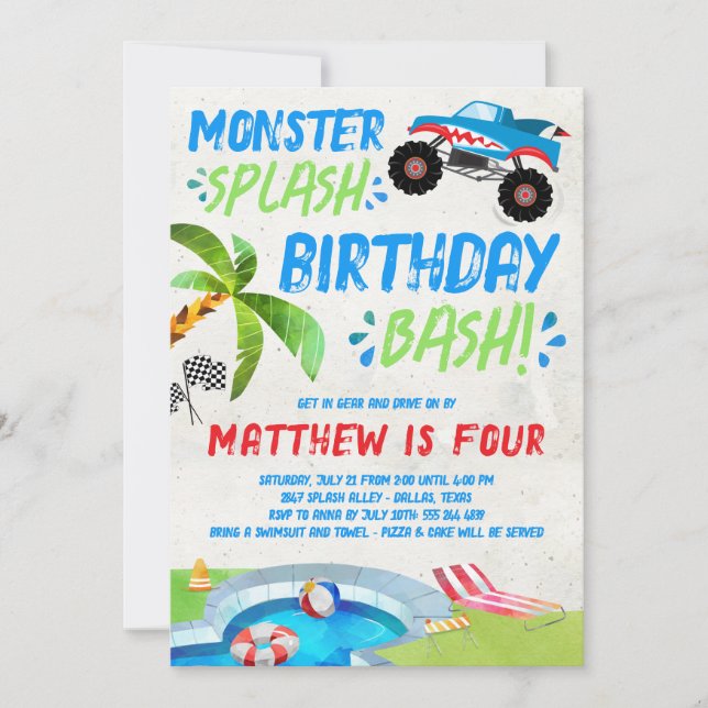 Summer Monster Truck Birthday Party Invitation (Front)