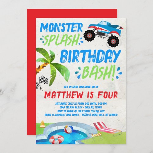 Summer Monster Truck Birthday Party Invitation