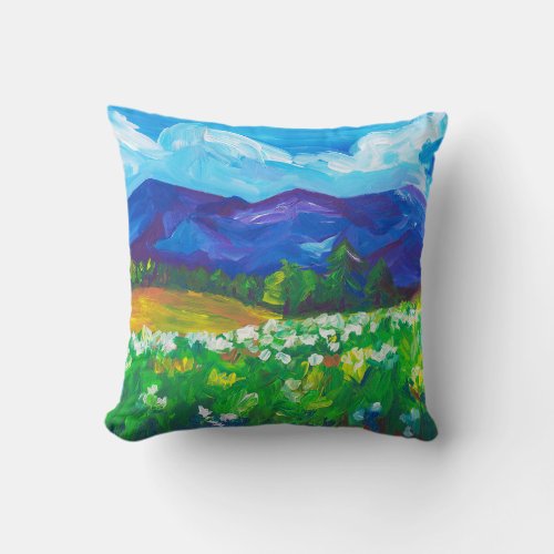 Summer Mountain Landscape Painting Throw Pillow