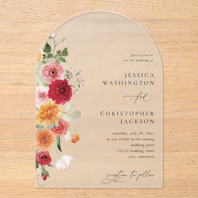 Summer Multi Color Floral Arc Acrylic Invitations (Front)