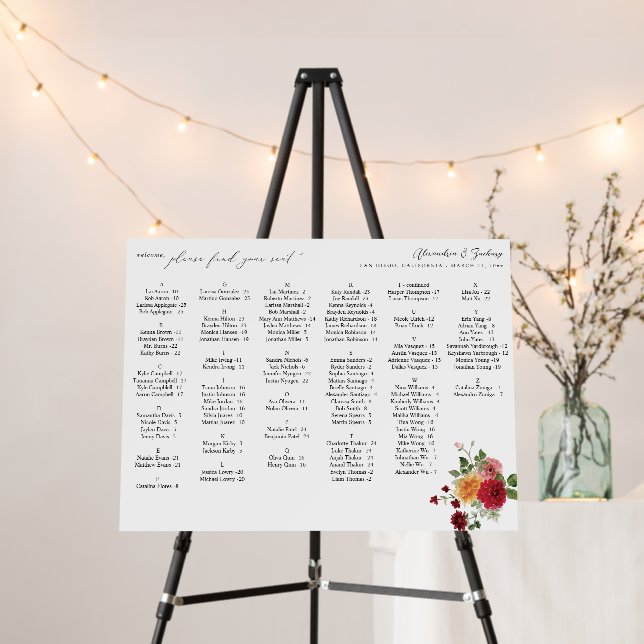 Summer Multi Floral Alphabetical Seating Chart -SM Foam Board (In Situ (Stand))