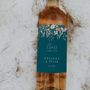 Summer Multicolor Wildflower Green Cheers Wedding Wine Label