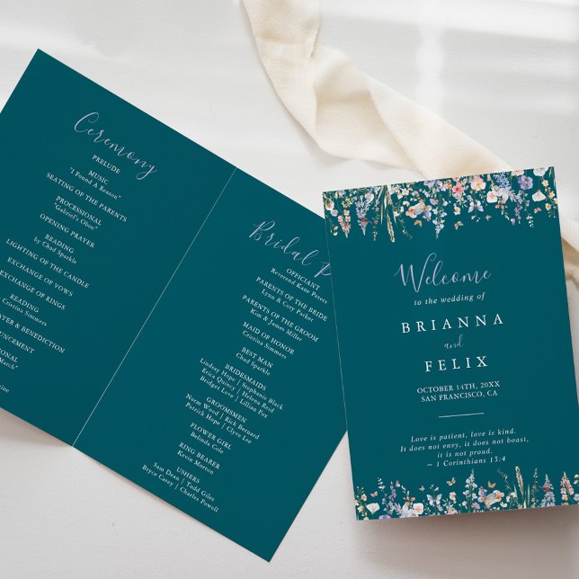 Summer Multicolor Wildflower Green Folded Wedding Program (Creator Uploaded)