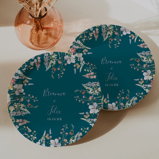 Summer Multicolor Wildflower Green Wedding Cake Paper Plates (Creator Uploaded)