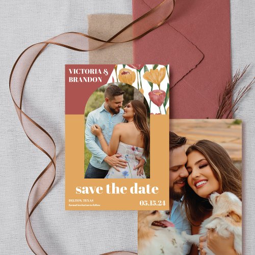 Summer Mustard Red Floral Botanical Photo Wedding Save The Date