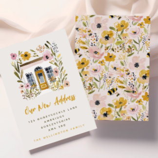 Summer Mustard Yellow & Pink Floral House Moving Announcement