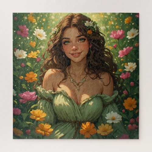 Summer Nature Goddess Nymph in Green Gown Flowers Jigsaw Puzzle