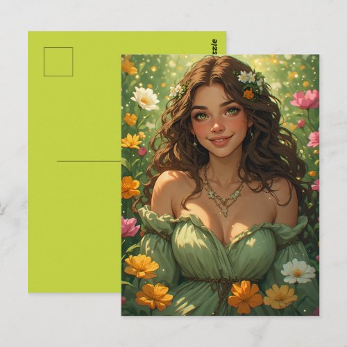 Summer Nature Goddess Nymph in Green Gown Flowers Postcard