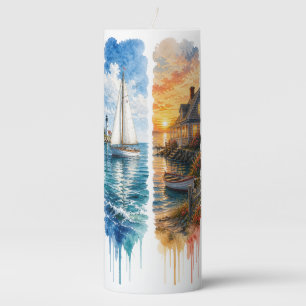 SUMMER NAUTICAL BEACH THEMED BRUSHSTROKES PILLAR CANDLE