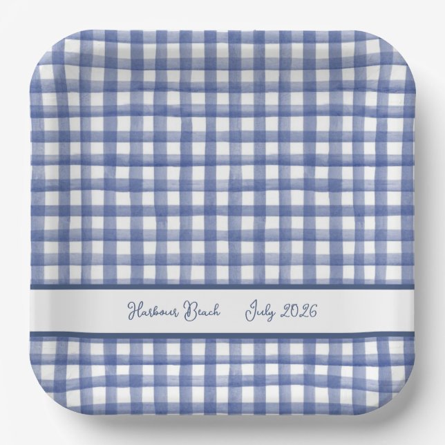 Summer Nautical Blue Gingham, Checkered July 4th Paper Plates (Front)