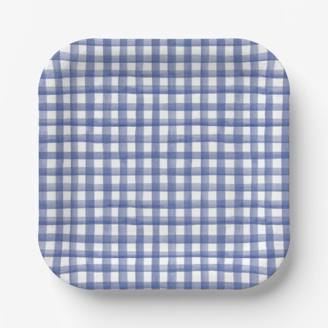 Summer Nautical Blue Gingham, Checkered July 4th Paper Plates (Front)