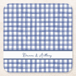 Summer Nautical Blue Gingham, Checkered July 4th Square Paper Coaster