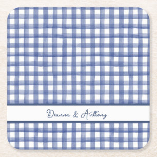 Summer Nautical Blue Gingham, Checkered July 4th Square Paper Coaster