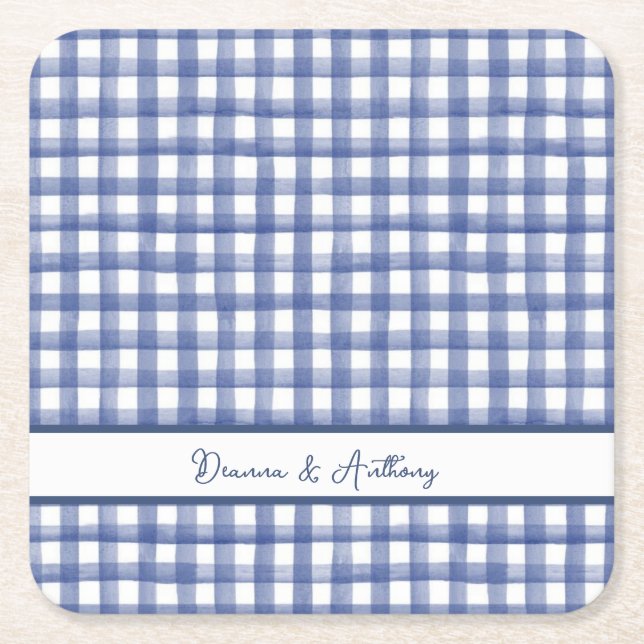Summer Nautical Blue Gingham, Checkered July 4th Square Paper Coaster (Front)