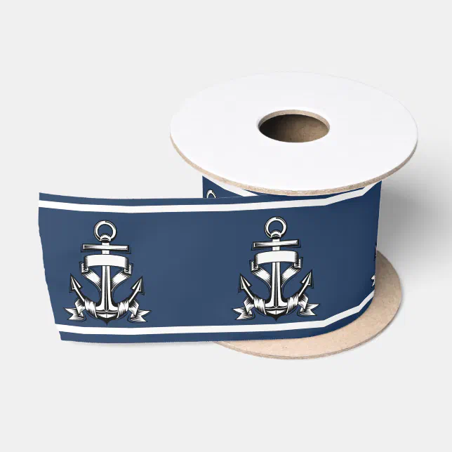 Ocean Ribbon Design Summer Nautical Ocean Beach Navy Blue Ship Anchor Satin Ribbon | Zazzle