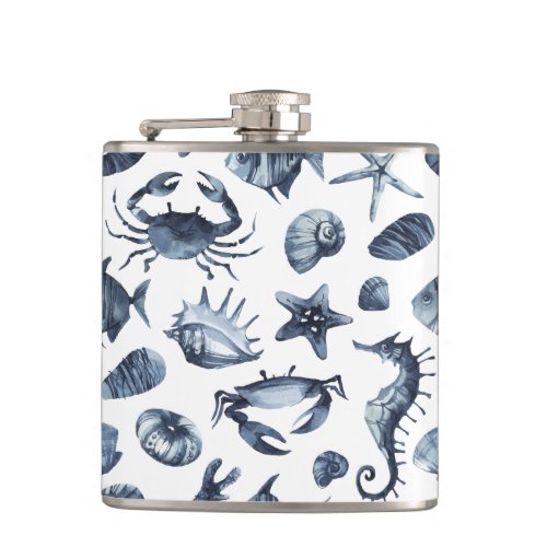 Summer Nautical seashell starfish crab seahorse Flask