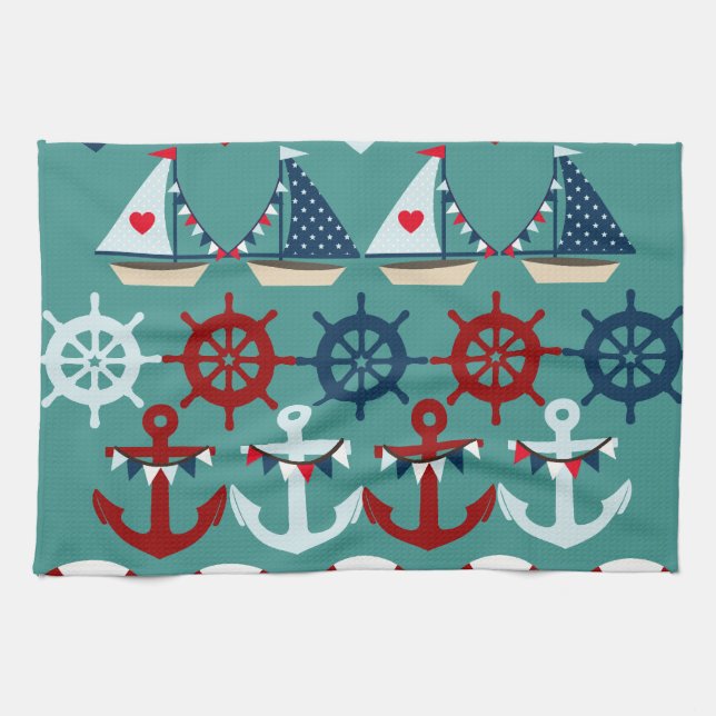 Summer Nautical Theme Anchors Sail Boats Helms Kitchen Towel (Horizontal)