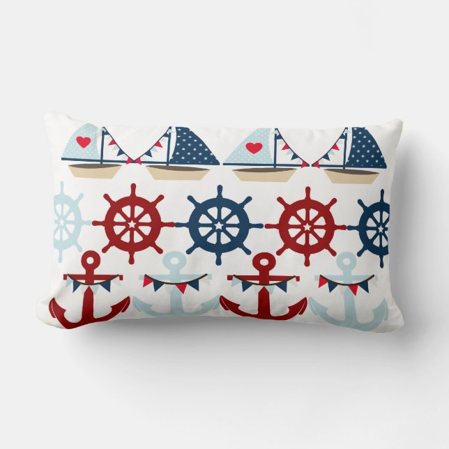 Summer Nautical Theme Anchors Sail Boats Helms Lumbar Pillow (Front)