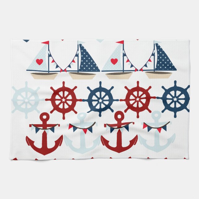 Summer Nautical Theme Anchors Sail Boats Helms Towel (Horizontal)