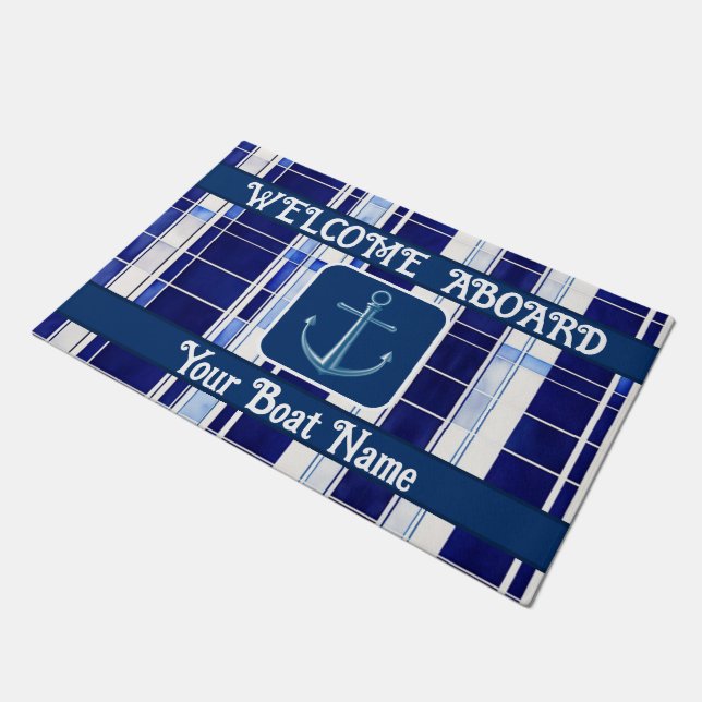 Summer Navy Blue Boat Modern Stripes Collection Doormat (Angled)