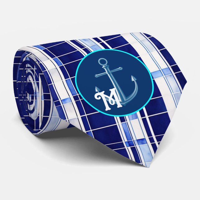 Summer Navy Blue Boat Modern Stripes Collection Neck Tie (Rolled)