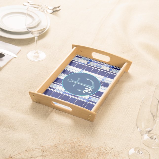 Summer Navy Blue Boat Modern Stripes Collection Serving Tray (Front)