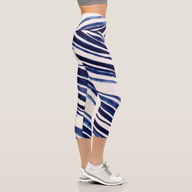 Summer Navy Blue Boat Popular Stripes Collection Capri Leggings (Right)