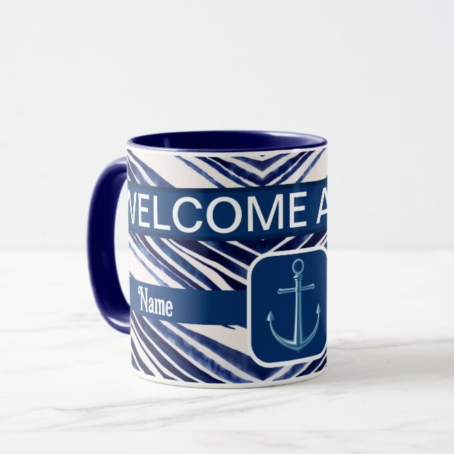 Summer Navy Blue Boat Popular Stripes Collection Mug (Front Left)