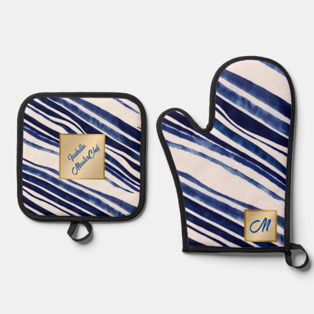 Summer Navy Blue Boat Popular Stripes Collection Oven Mitt & Pot Holder Set (Front)