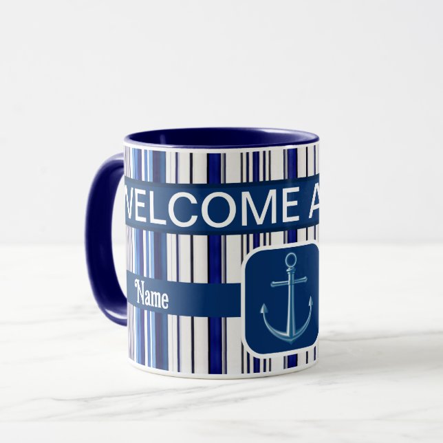 Summer Navy Blue Boat Trendy Stripes Collection Mug (Front Left)
