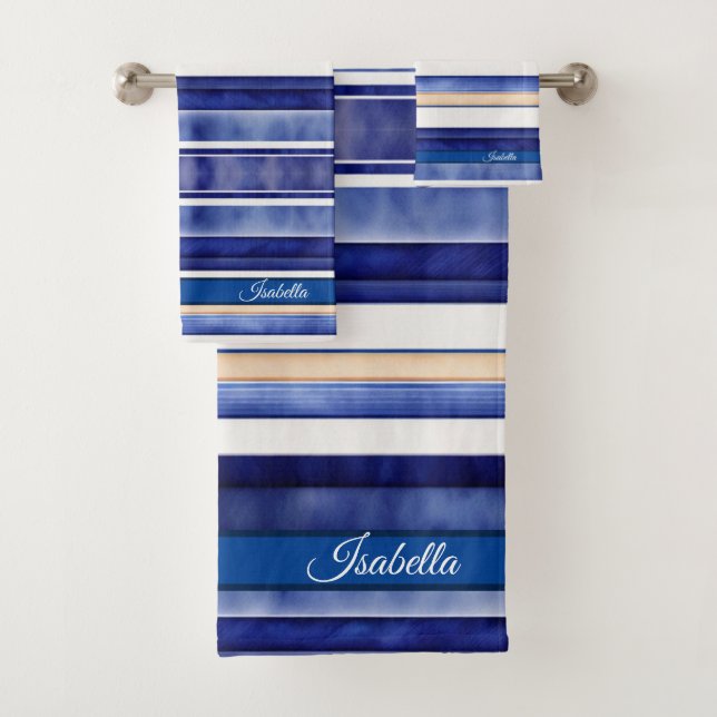 Summer Navy Blue Modern Boat Stripes Collection Bath Towel Set (Insitu)