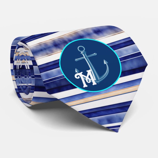 Summer Navy Blue Modern Boat Stripes Collection Neck Tie (Rolled)