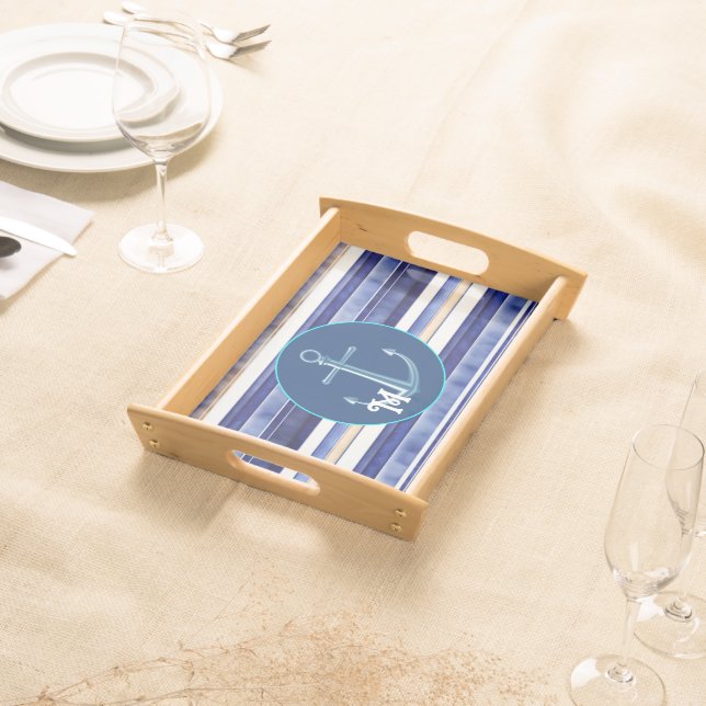 Summer Navy Blue Modern Boat Stripes Collection Serving Tray (Front)