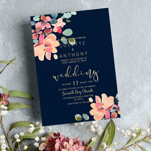 Summer navy blue pink mint teal floral Wedding Invitation