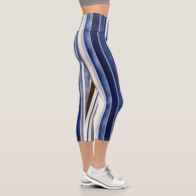 Summer Navy Blue Trendy Boat Stripes Collection Capri Leggings (Right)