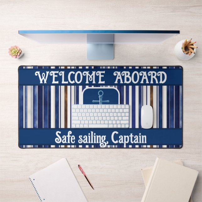 Summer Navy Blue Trendy Boat Stripes Collection Desk Mat (Office 1)