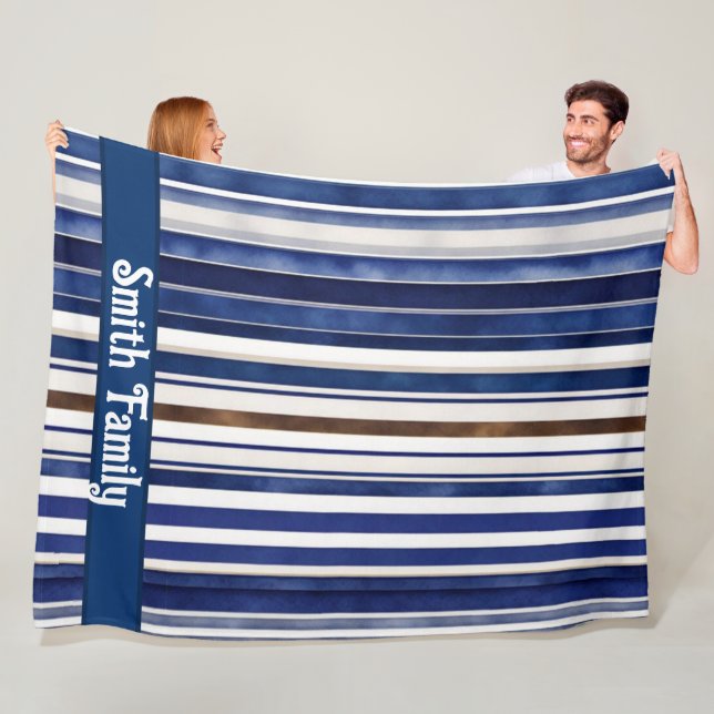 Summer Navy Blue Trendy Boat Stripes Collection Fleece Blanket (In Situ)